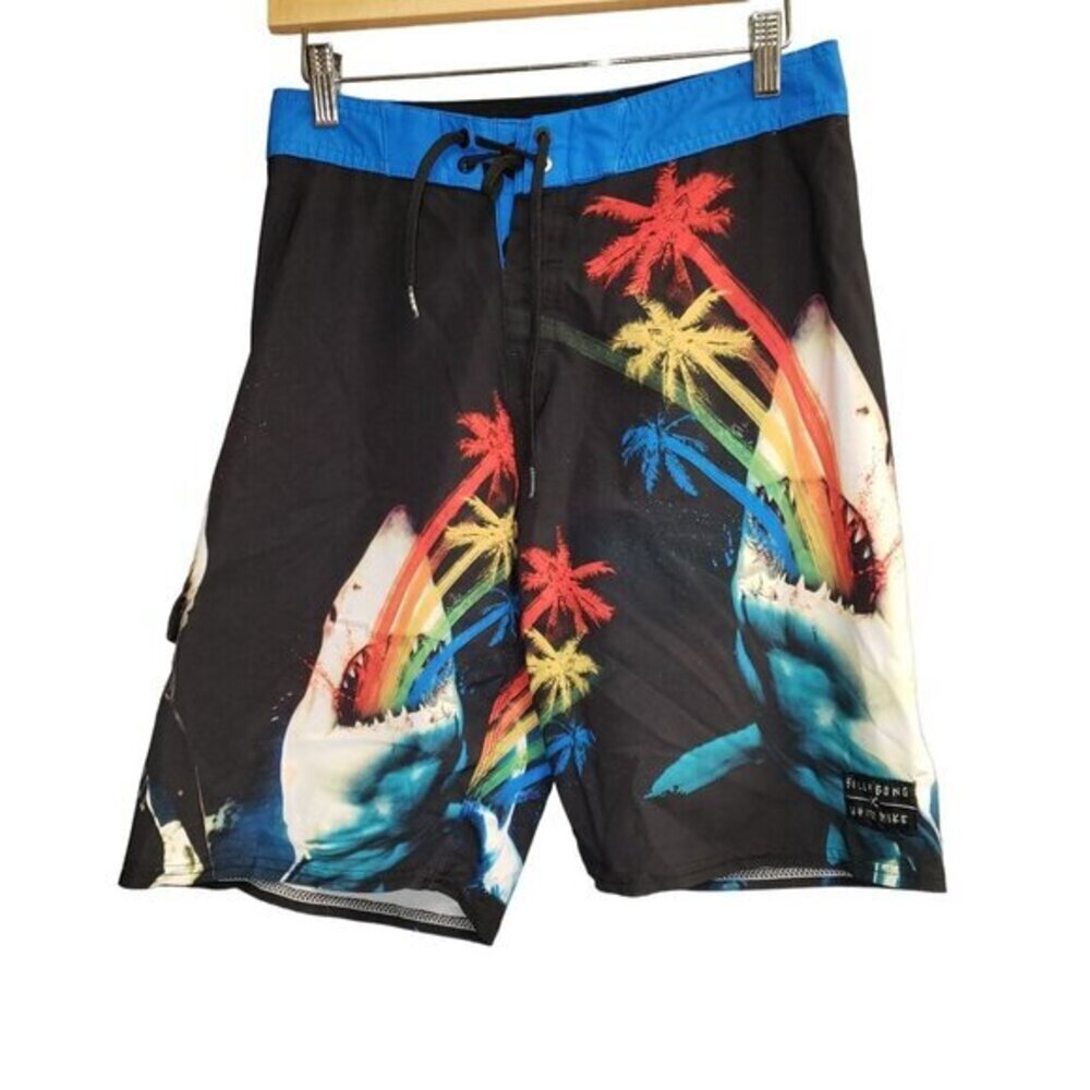 Billabong X White Mike Board Shorts‎ Sharks Mens Size 28 Swim Surf Pre-Owned